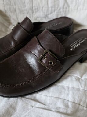 Villager By Liz Claiborne Brown Leather Buckle Mule Clogs